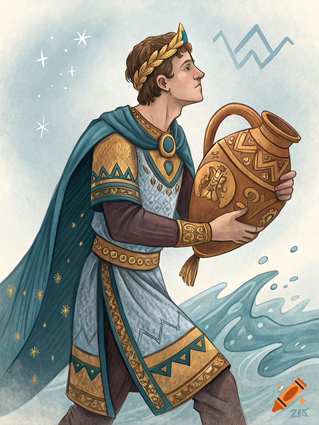 Illustration of a man dressed in Greek-style clothes carrying an ornate jug of water, representing Aquarius.