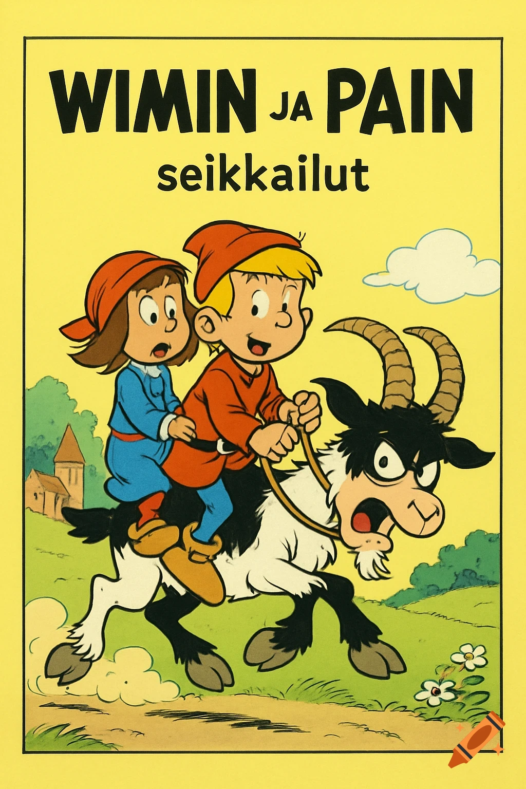 Cartoon illustration of two children in medieval clothing riding a goat on a hill, with the title text WIMIN JA PAIN seikkailut.