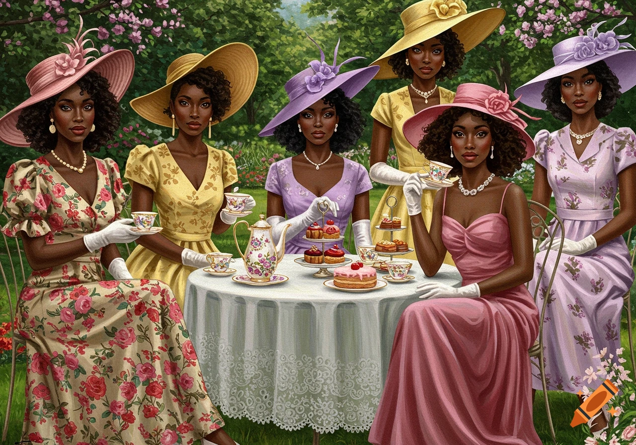 Painting of six women in hats and colorful dresses having a tea party in a garden with cakes and teacups.