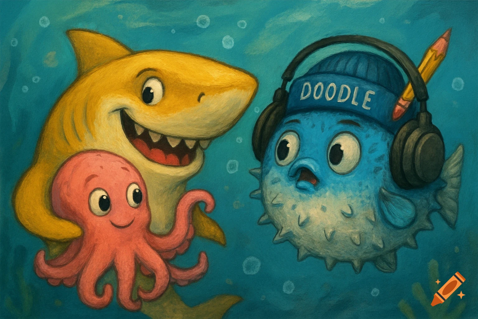 Cartoon yellow shark hugging a pink octopus underwater with a blue pufferfish wearing a 'DOODLE' beanie, headphones, and a pencil.