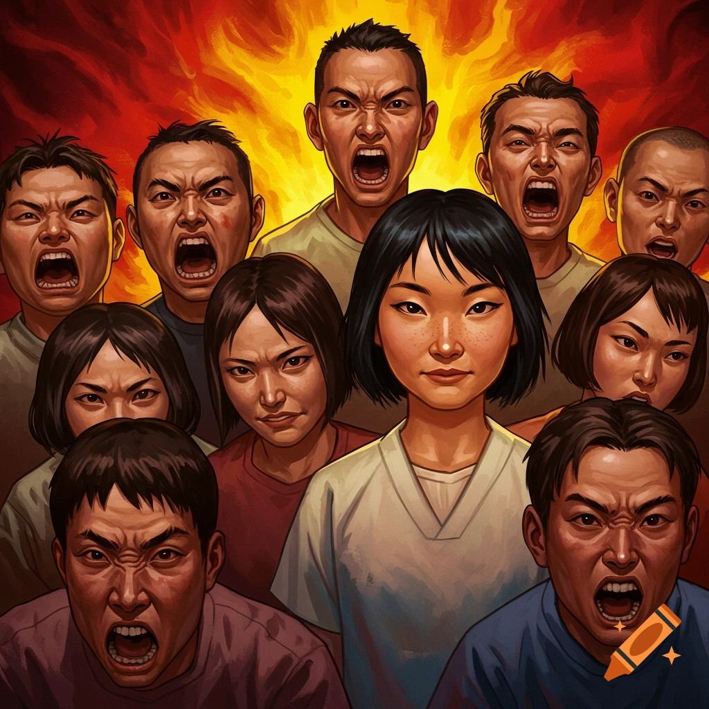 An illustration of a crowd of angry people with open mouths surrounding a single calm person, with a fiery background.