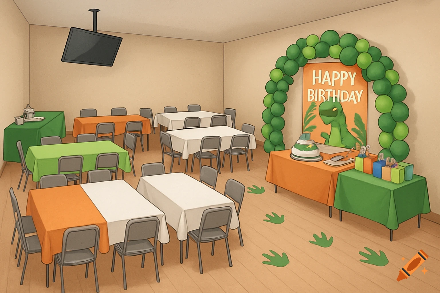 An illustration of a room set up for a dinosaur themed birthday party with tables, chairs, balloon arch, and cake.