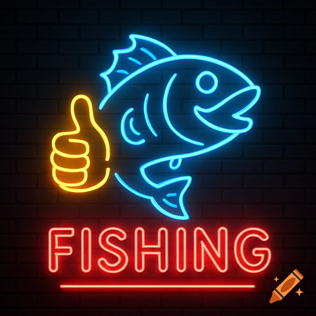 Neon sign of a fish giving a thumbs up above the word FISHING on a brick wall