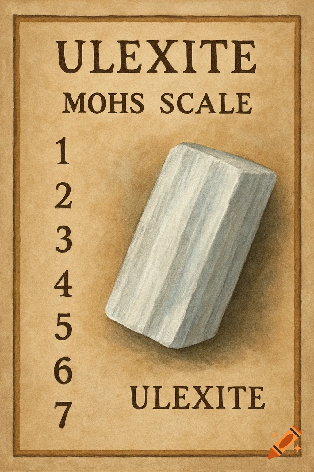 Illustration of a piece of ulexite mineral on a brown background with the text 'ULEXITE', 'MOHS SCALE', and numbers 1-7.