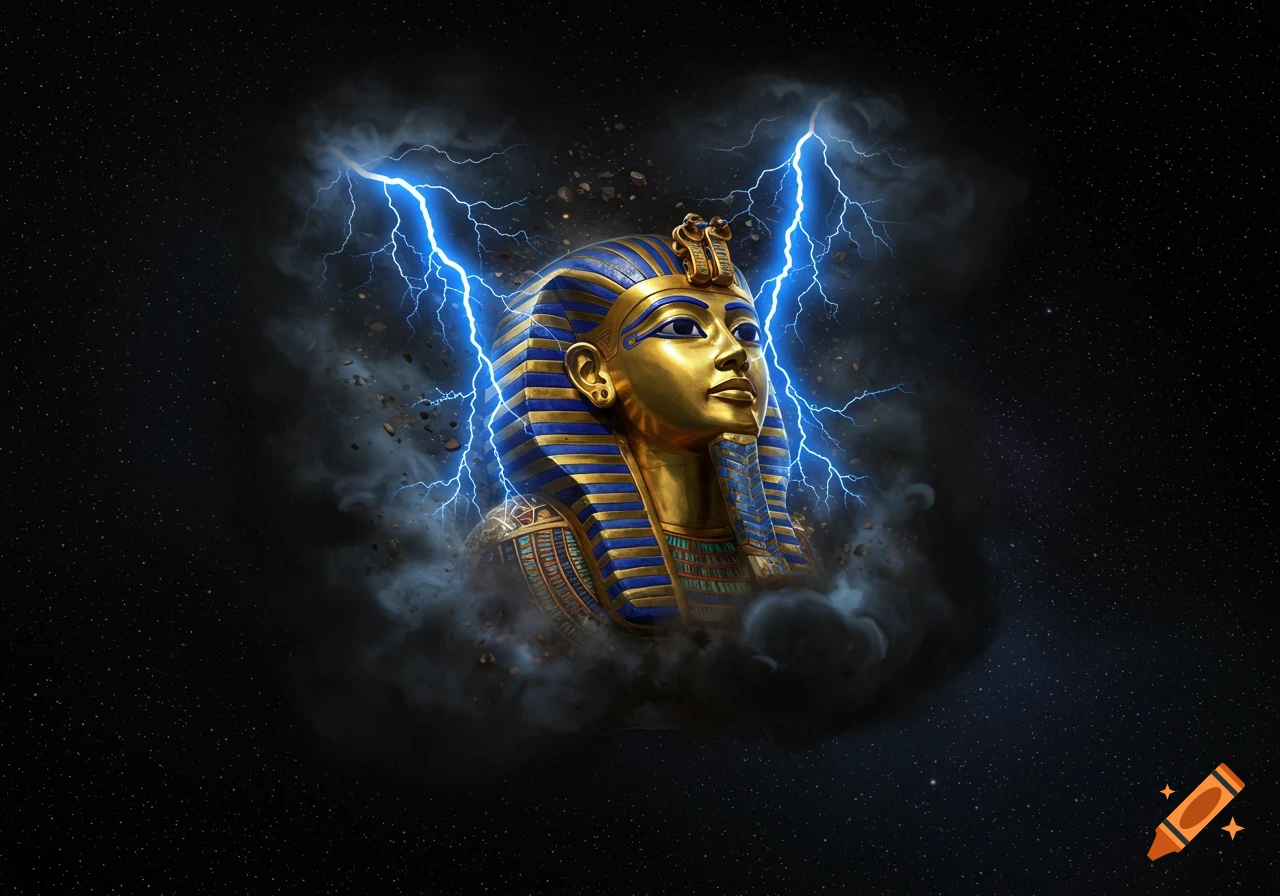 Golden and blue Egyptian mask surrounded by lightning and smoke against a starry sky.