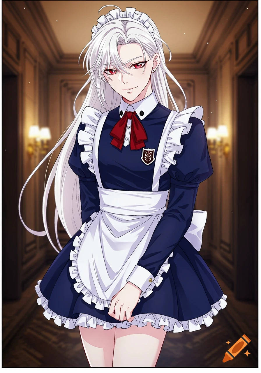 Anime style illustration of a character in a maid outfit standing in a hallway.