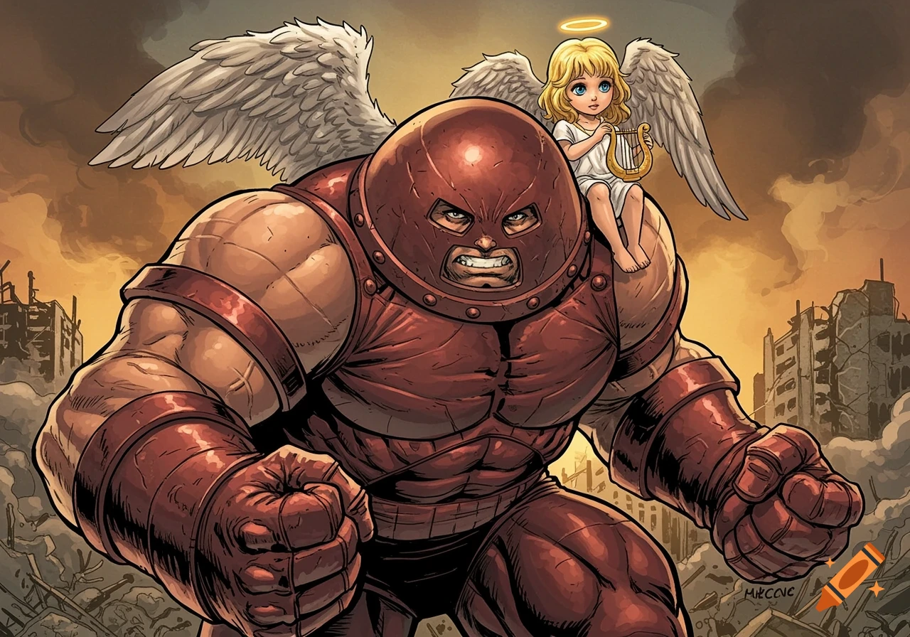 Comic book illustration of Juggernaut with a small angel on his shoulder in a ruined city.