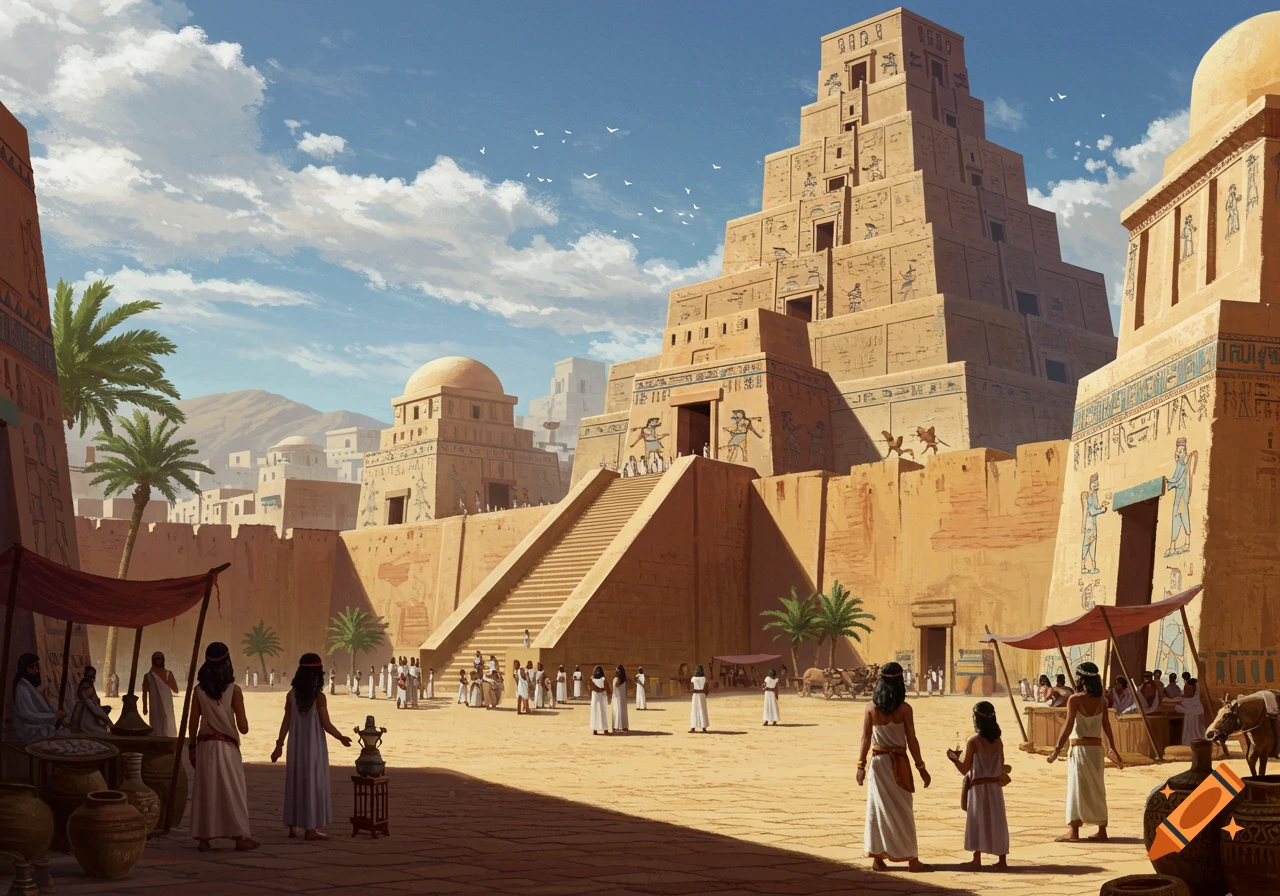 An ancient Mesopotamian city scene with a large ziggurat, marketplace, and people under a sunny sky.