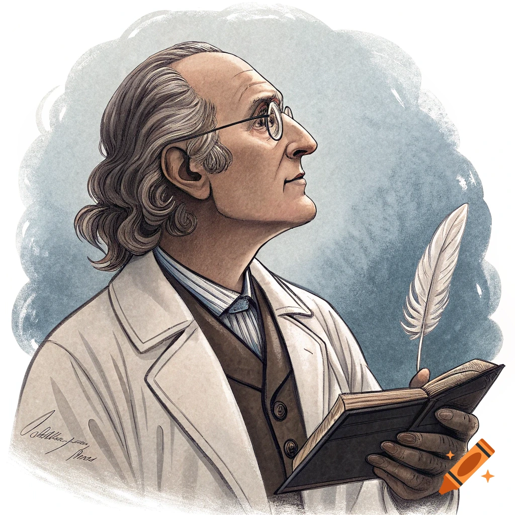 Illustration of an older man in profile with glasses, holding a book and quill.