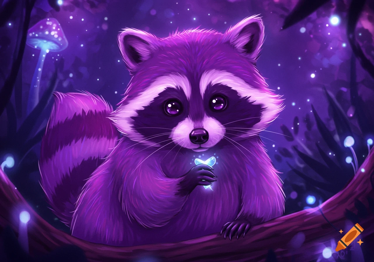 A purple raccoon sits on a branch in a glowing purple fantasy forest.