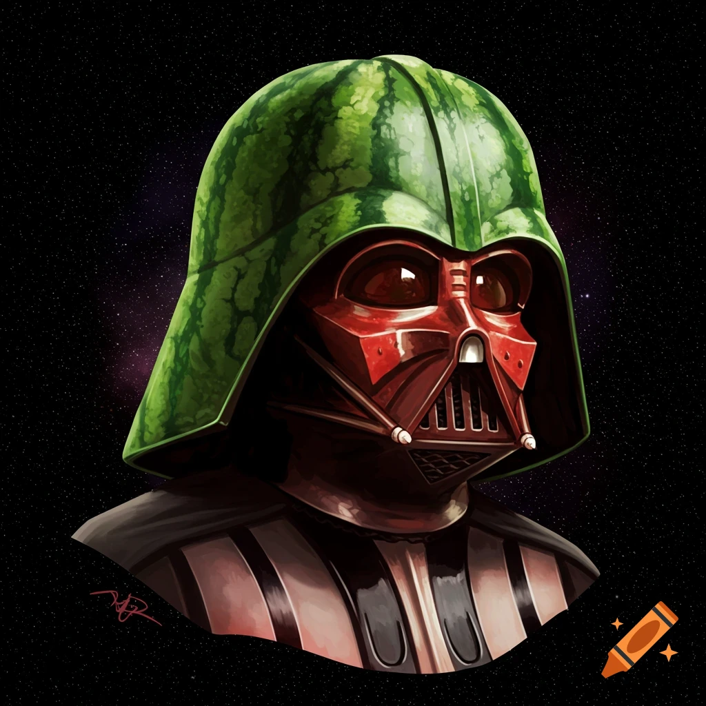 Painting of Darth Vader wearing a watermelon helmet against a starry space background.