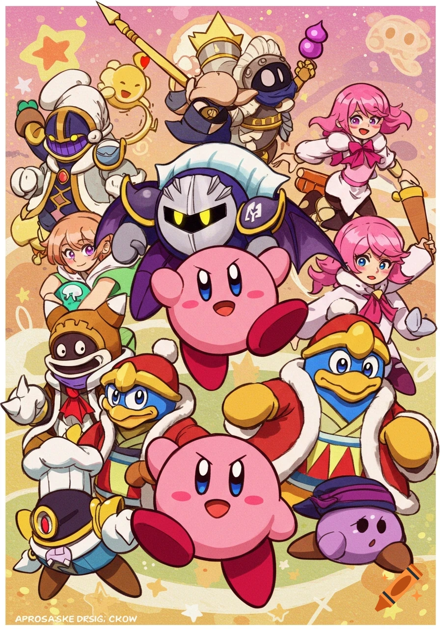 A large group of Kirby characters, including Kirby, Meta Knight, and King Dedede, in a colorful anime style illustration.