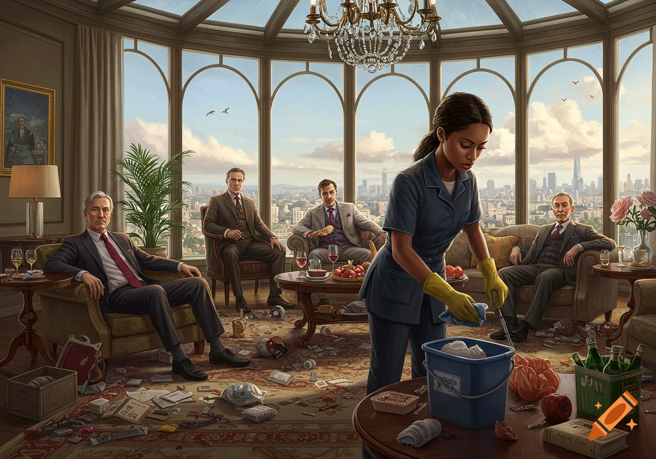 A woman in a maid uniform cleans a messy room while suited men sit nearby. Painting style.