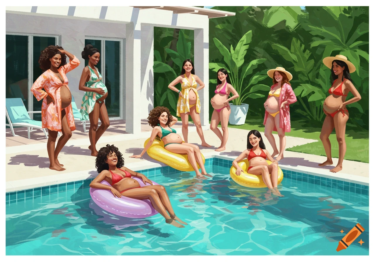 Digital illustration of pregnant women relaxing by a pool.