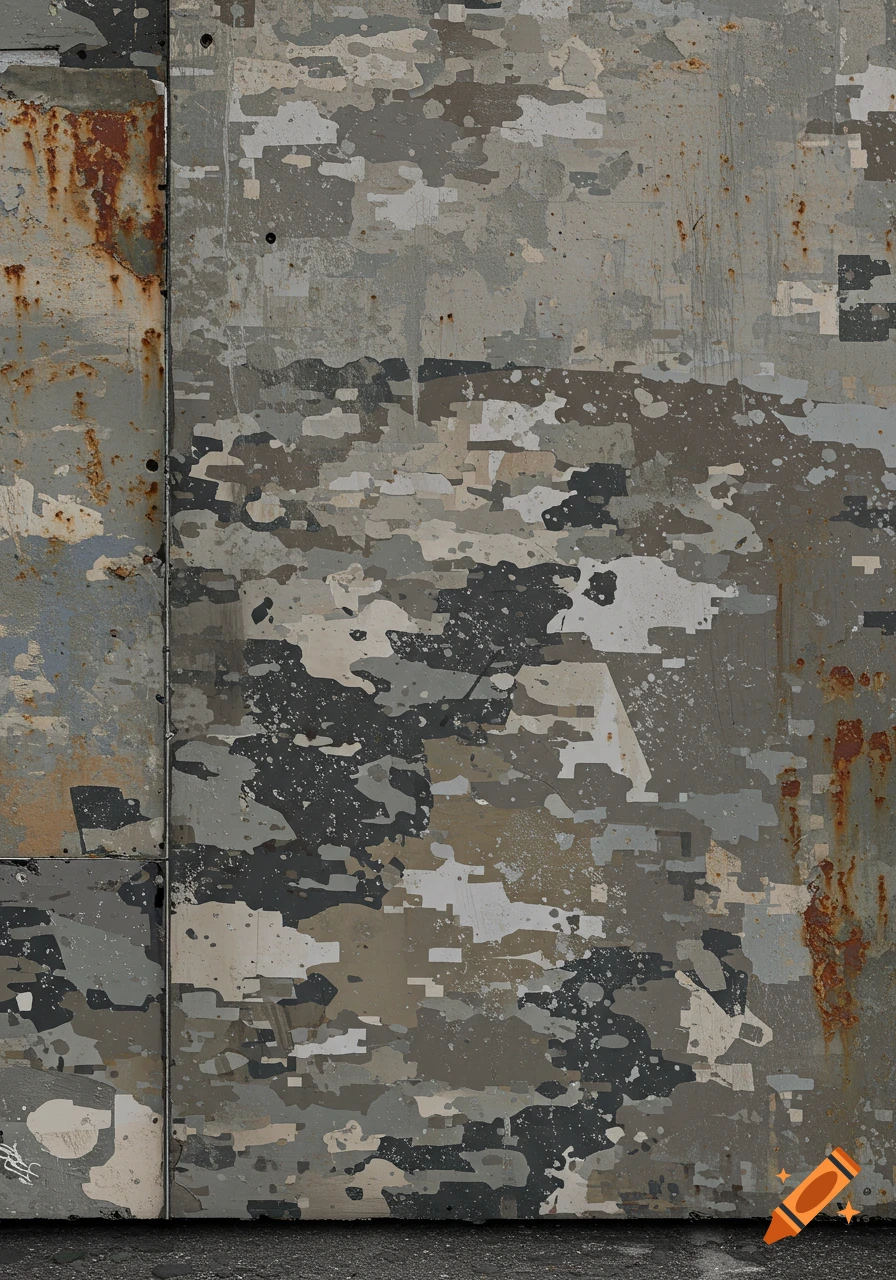 Abstract urban digital camouflage pattern on a rusty metal surface with ground below.