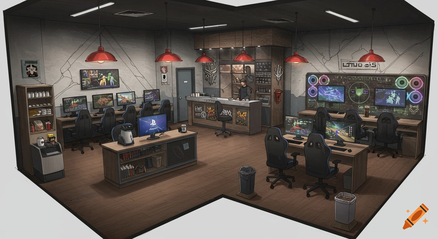 Illustrated gaming center interior with computers, chairs, screens ...