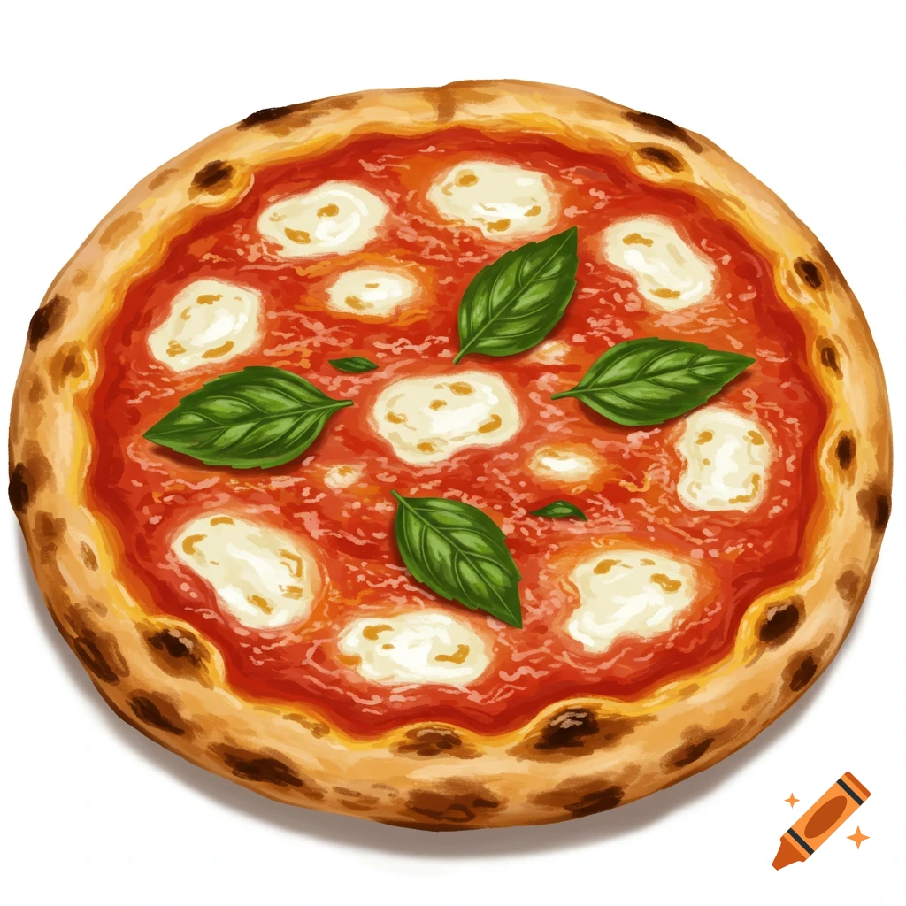 A detailed digital painting of a margherita pizza on a white background.