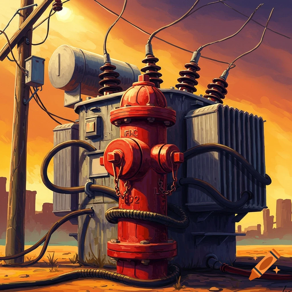 A red fire hydrant stands in front of a large electrical transformer under a colorful sunset sky in a stylized illustration.