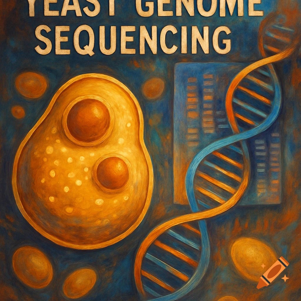 Stylized illustration of a yeast cell, DNA helix, and text 'Yeast Genome Sequencing'