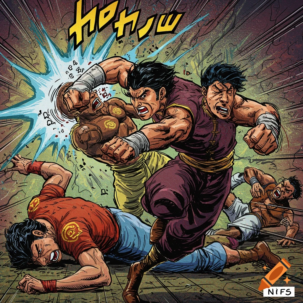 Comic book illustration of several men fighting in a martial arts match, with one punching another in the face.