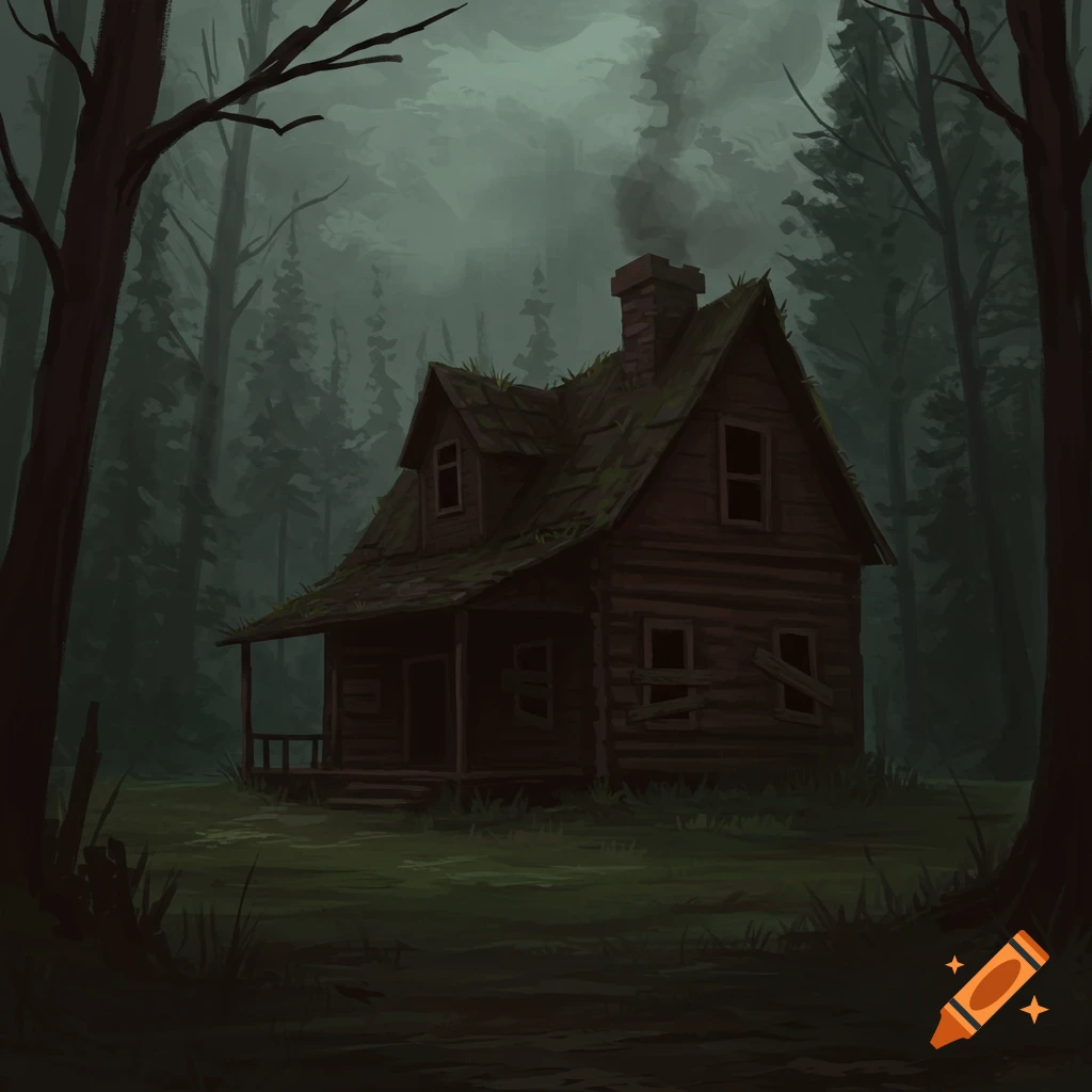 A dark, spooky log cabin sits in a dense, dark forest.