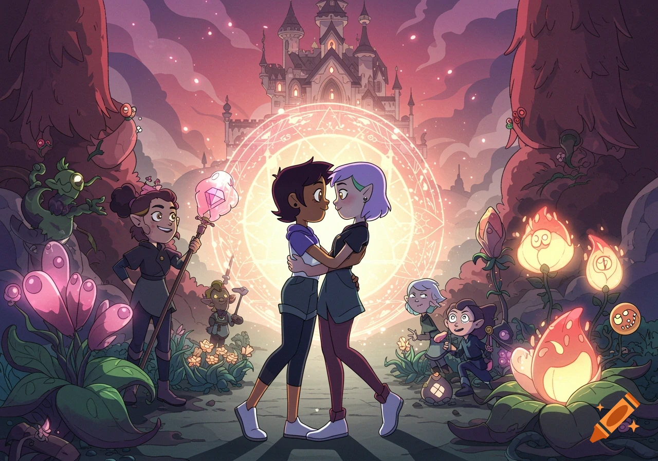 Two cartoon characters embrace in a magical forest with a glowing circle and castle behind them, in the style of The Owl House.