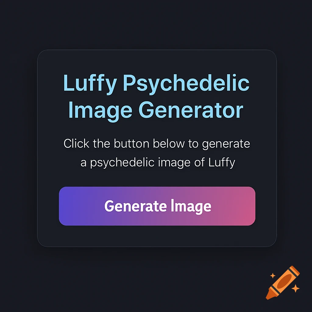 Dark UI card with title "Luffy Psychedelic Image Generator" and "Generate Image" button.