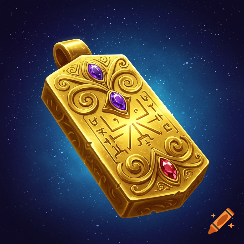 Golden fantasy talisman with purple and red gems on a starry background.