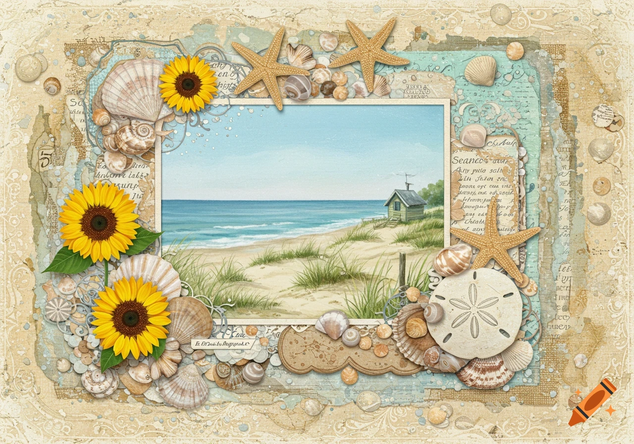 Beach themed scrapbook collage with shells, starfish, sunflowers, and a painting of a beach house.