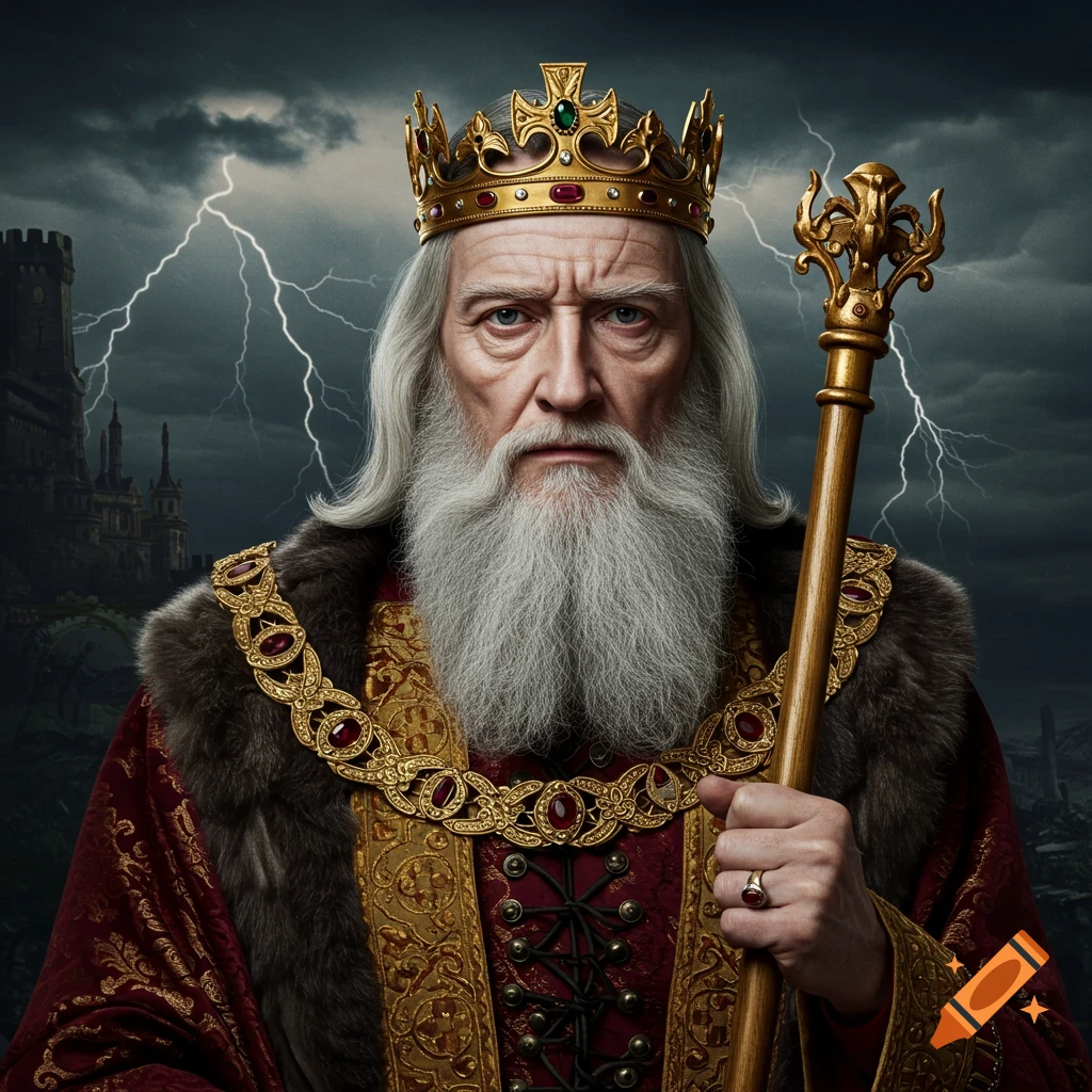 Portrait of an old king in a golden crown and red robes, holding a staff, with a stormy castle background.