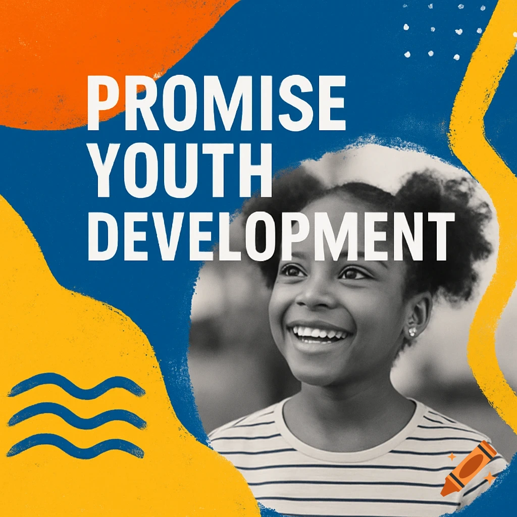 Young girl smiles next to 'PROMISE YOUTH DEVELOPMENT' text and graphic shapes.