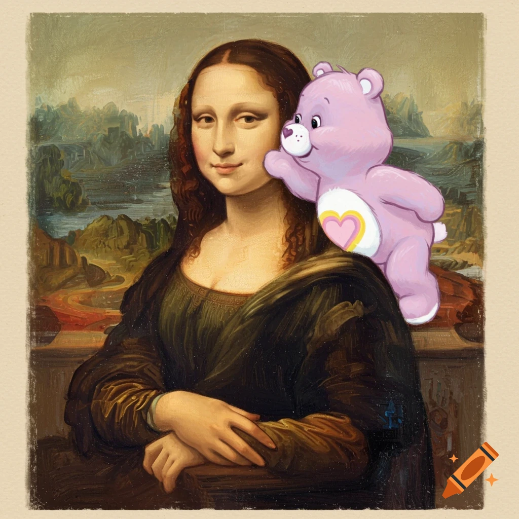 Classical painting style portrait of the Mona Lisa with a purple Care Bear on her shoulder