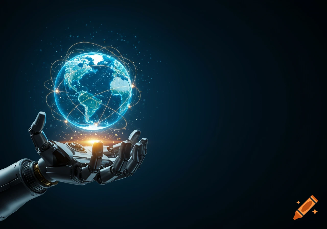 A metallic robotic hand holds a glowing blue Earth with a network of orange lines.