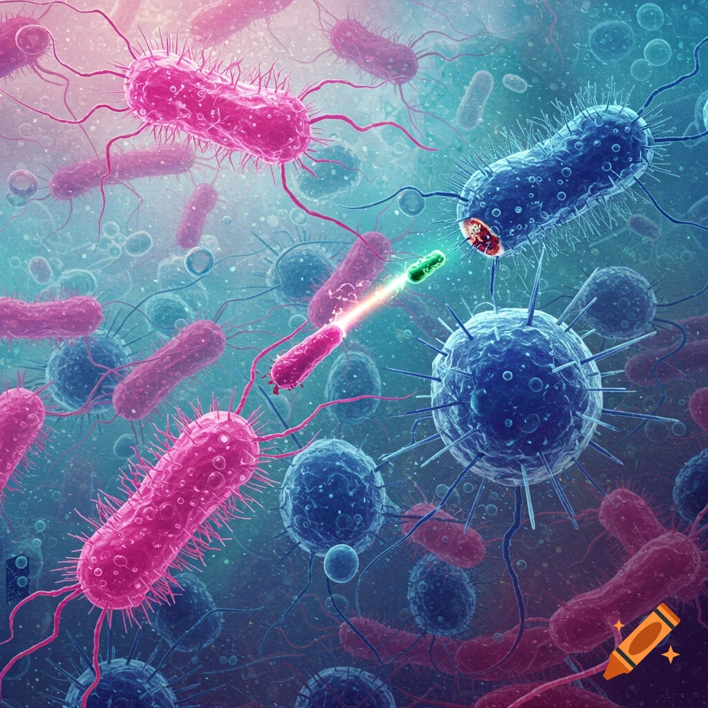 Microscopic view of pink and blue bacteria interacting.