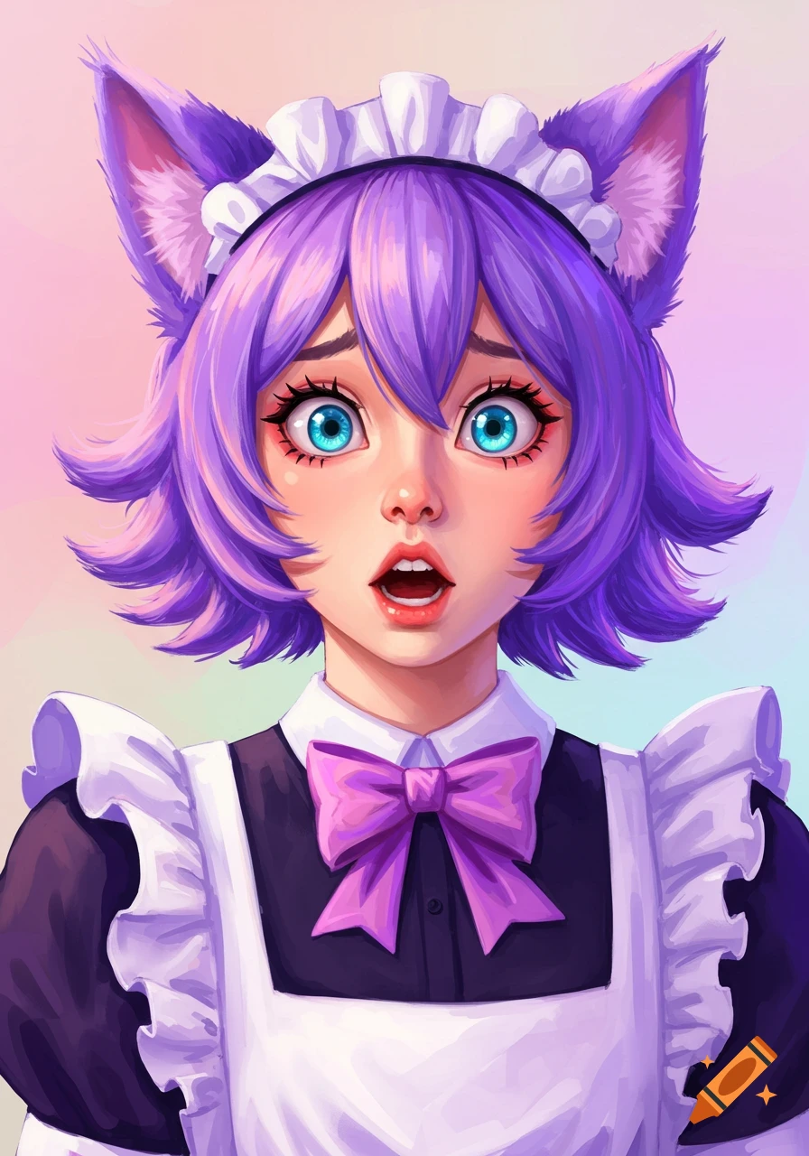 Anime portrait of a girl with purple hair and cat ears in a maid dress, looking shocked