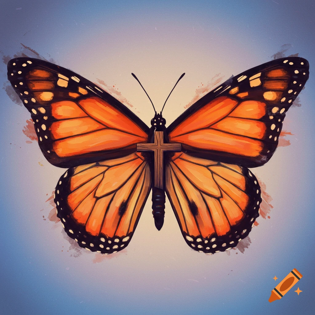 A monarch butterfly with a wooden cross as its body on a gradient background.