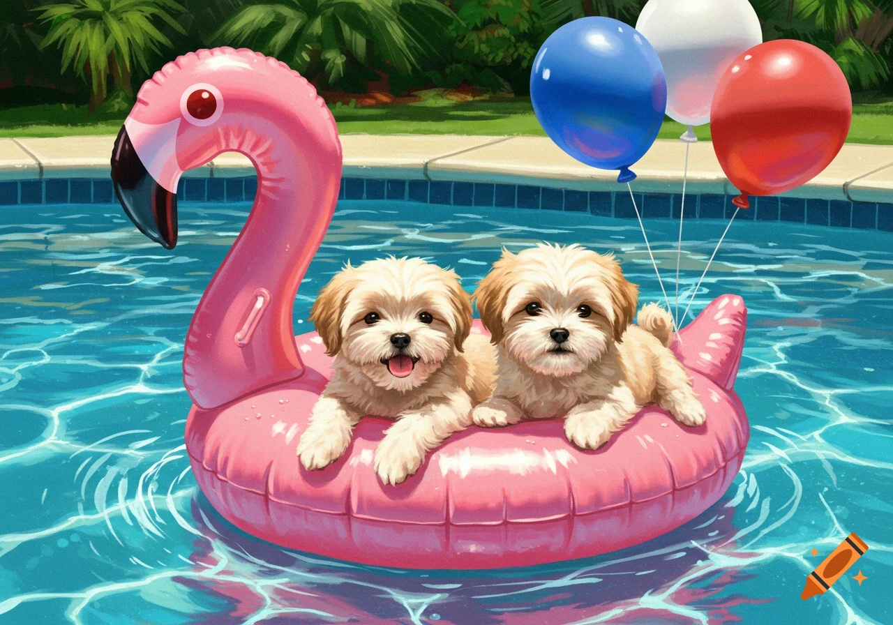 Two cute puppies on a pink flamingo float in a pool with balloons, illustration style.