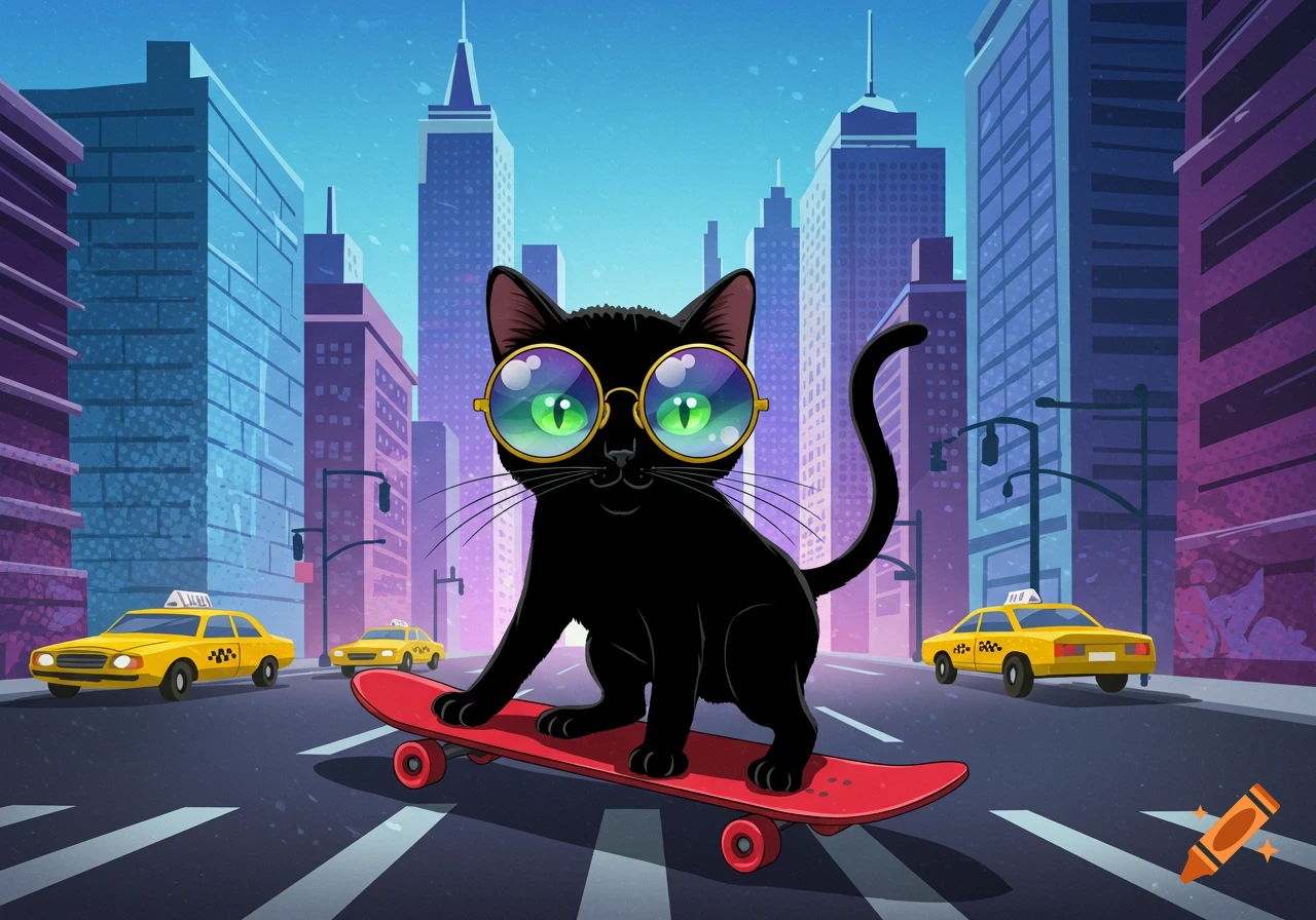 A black cartoon cat wearing sunglasses rides a skateboard on a city street with taxis.