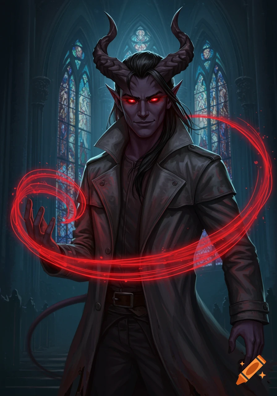 A tiefling sorcerer with red eyes and horns in a trench coat casts a red energy spell in a church with stained glass.