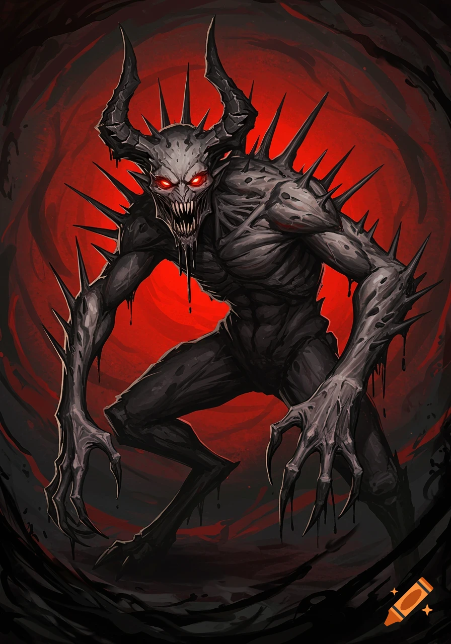 Detailed illustration of a barbed demon with glowing red eyes and claws against a red background.