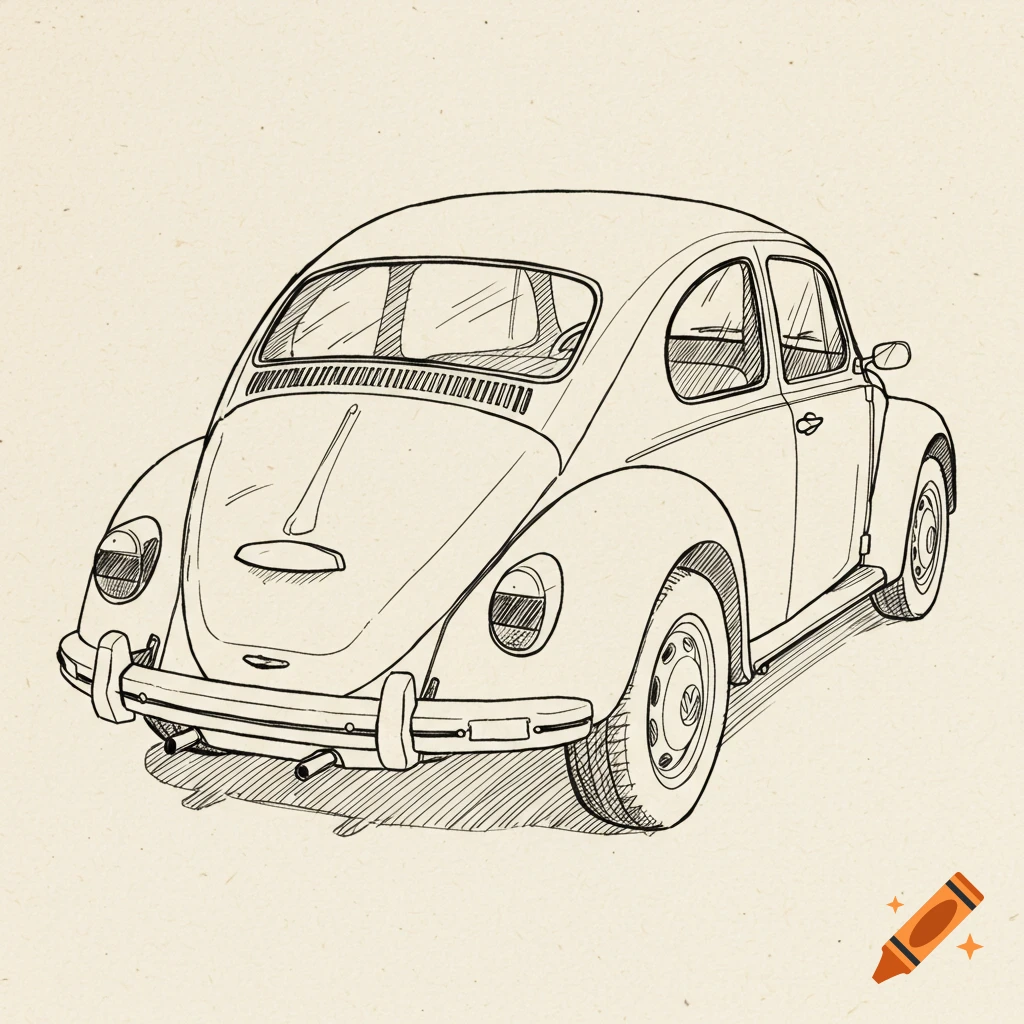 Line drawing of the back view of a Volkswagen Beetle car.