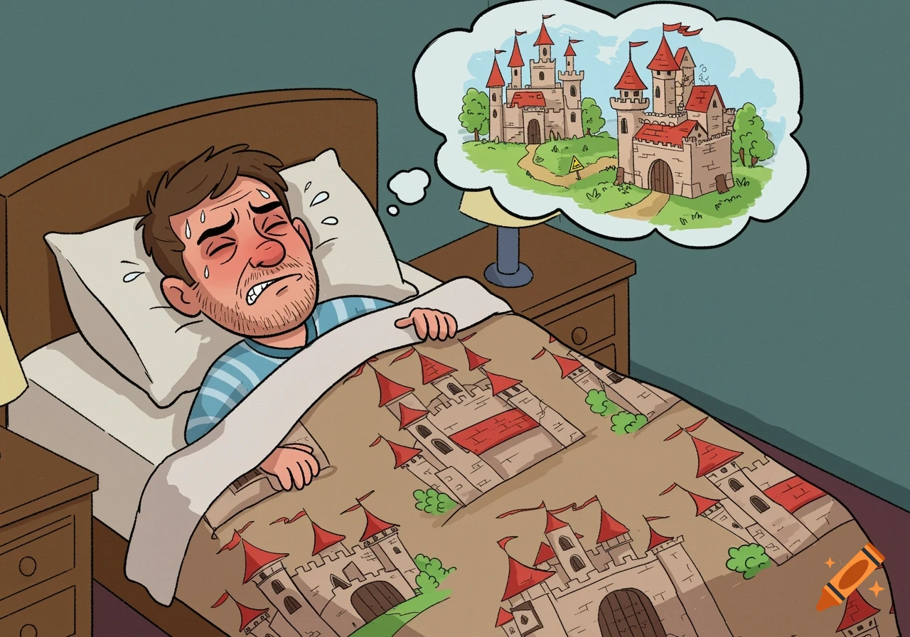 Cartoon illustration of a man sweating in bed, having a nightmare about a castle.