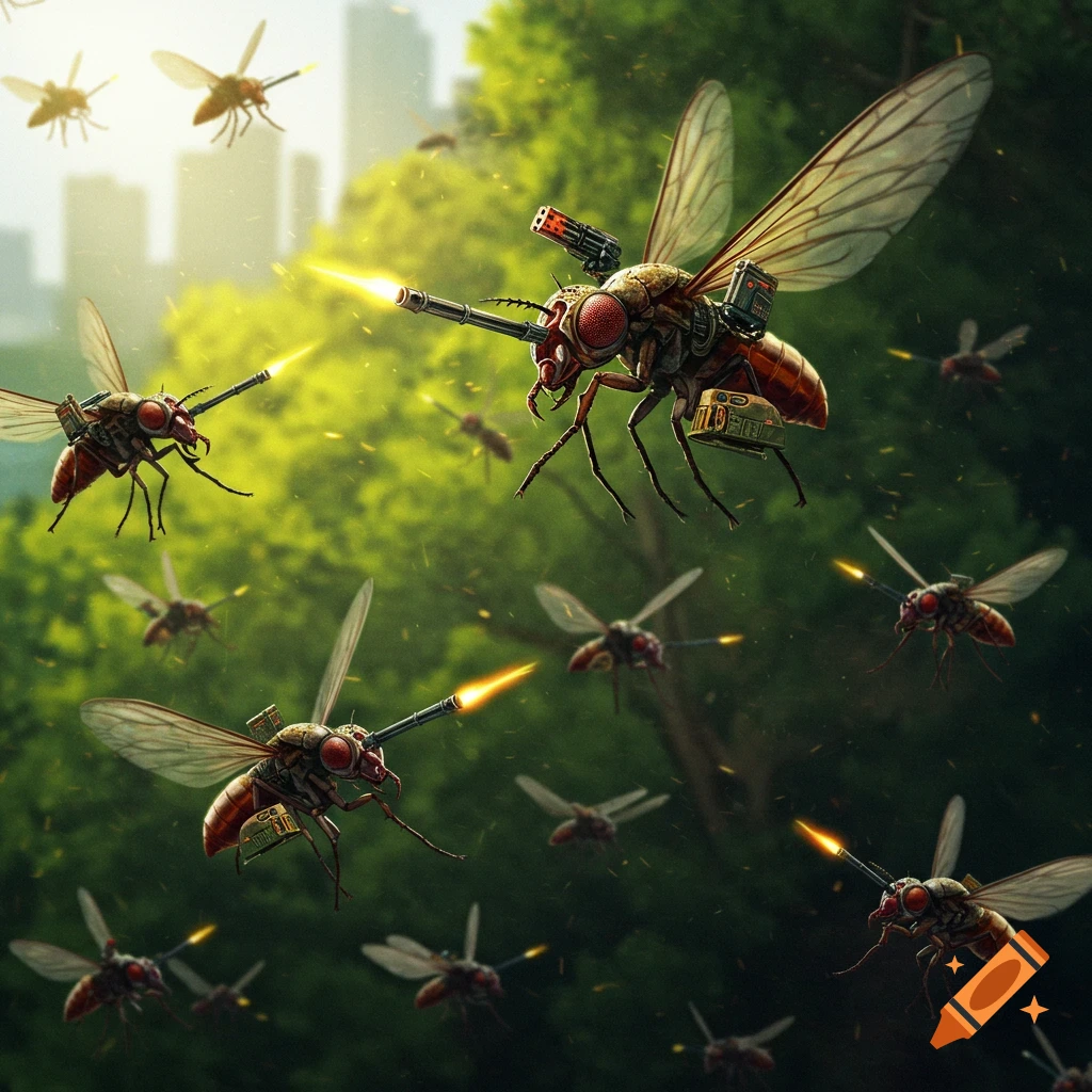 A swarm of large flies armed with laser guns flies through a park with a city in the background, shooting.