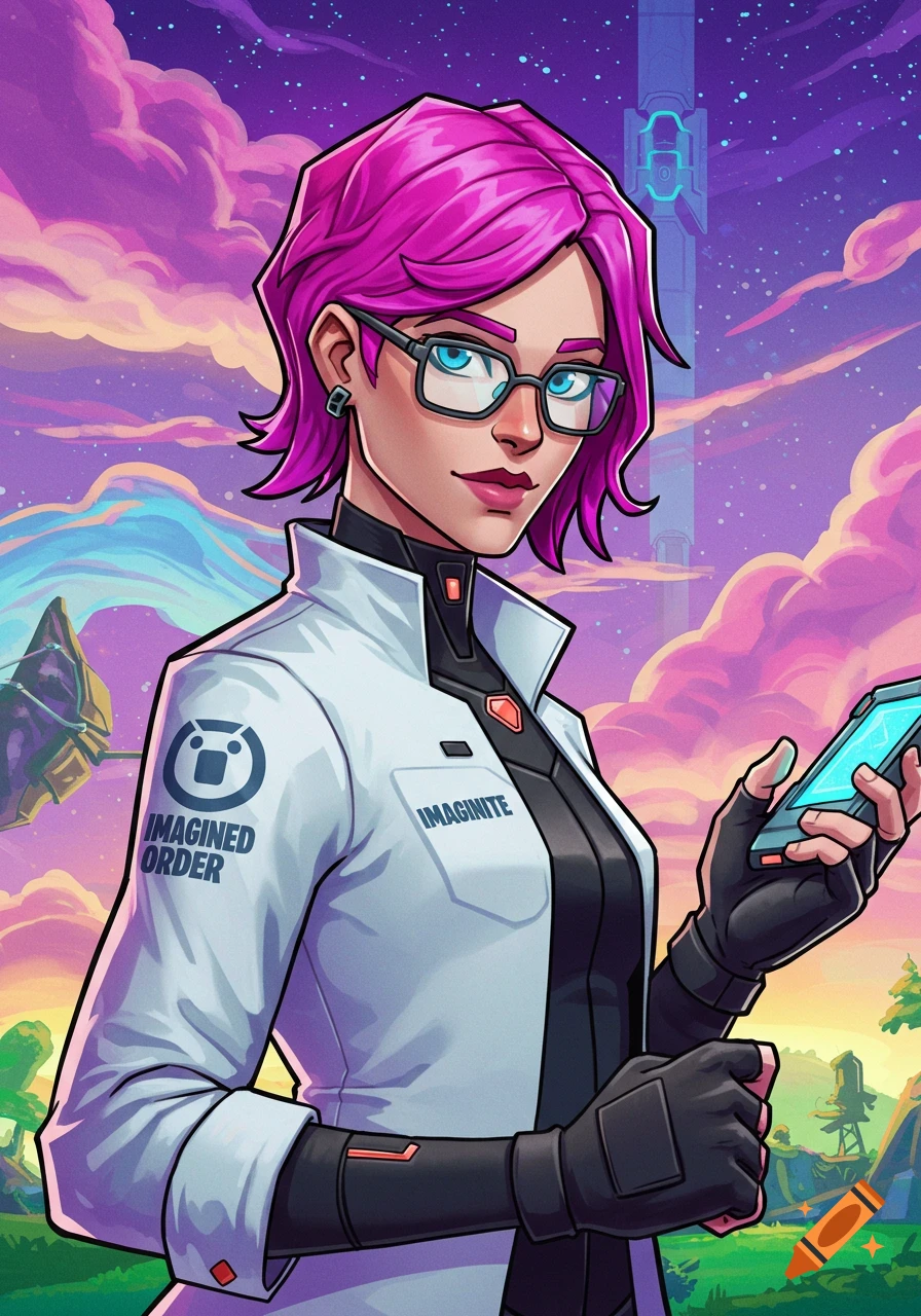 Illustration of a woman with pink hair and glasses holding a phone, wearing a white lab coat with sci-fi logos, in a futuristic landscape.