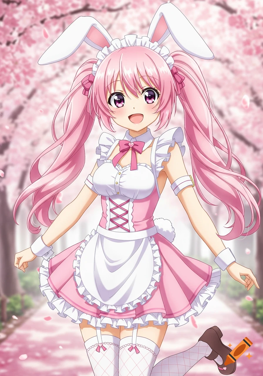 Anime girl with pink hair and bunny ears wearing a pink maid outfit stands in a cherry blossom path.