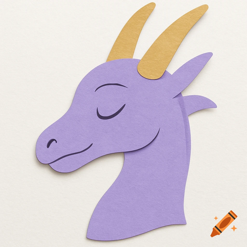A purple paper cut-out dragon head with gold horns and closed eyes, smiling.
