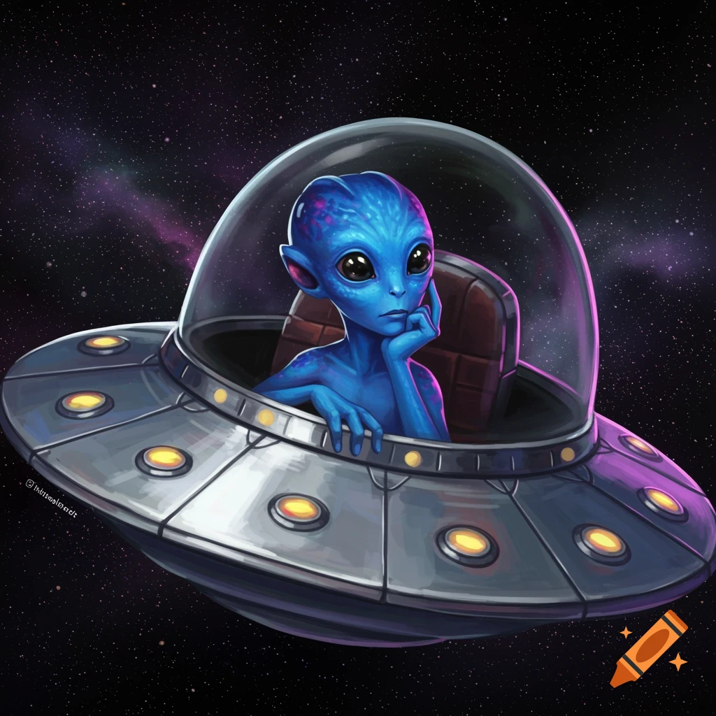 Blue alien in a UFO flying in space