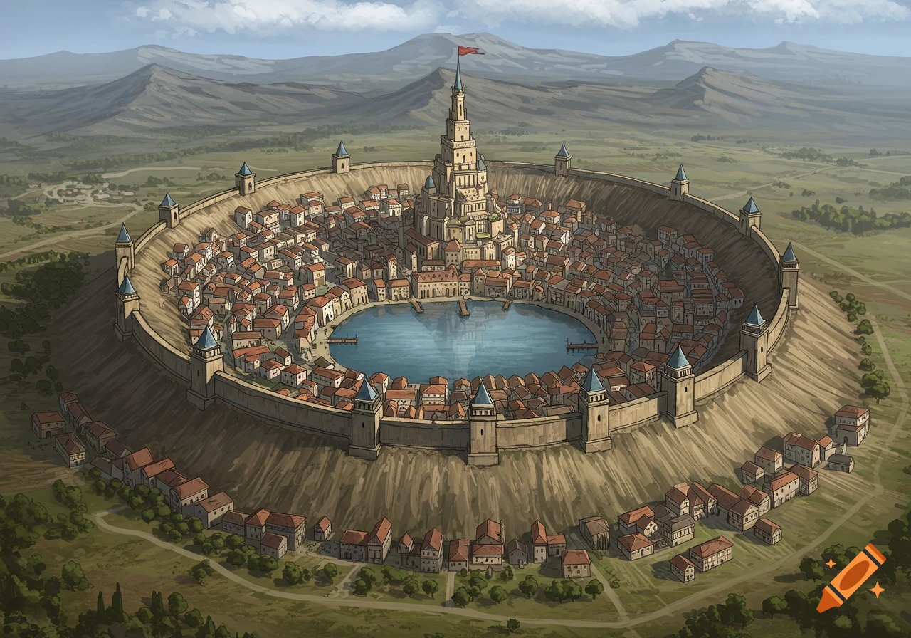 A fantasy city built inside a crater with a wall, a lake, and a central tower.