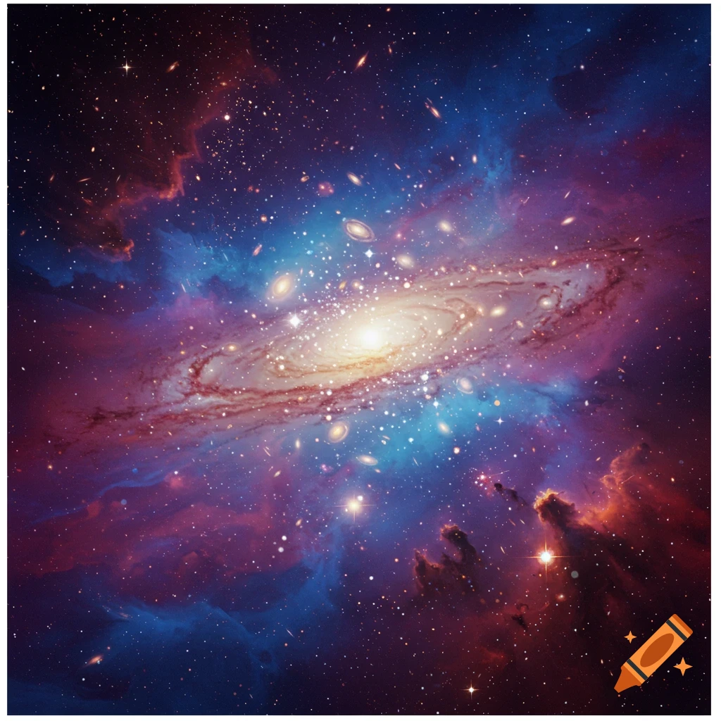 A vibrant spiral galaxy surrounded by colorful nebulas and bright stars in deep space.