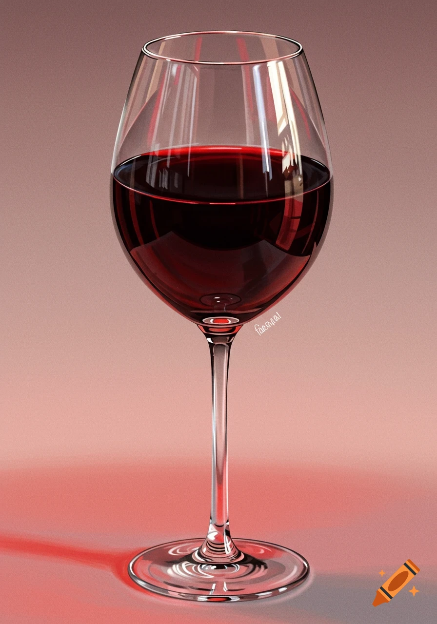 A glass of red wine on a surface with reflections, against a pink background in a realistic style.